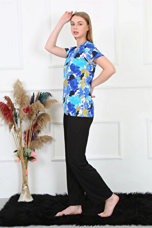 Moda Kadın Penye Kısa Kol Pijama Takım Saks