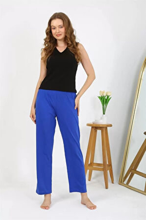 Moda Kadın Penye Düz Tek Alt Pijama Sax