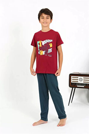 Moda Erkek Çocuk Kısa Kol Penye Pijama Takım Bordo