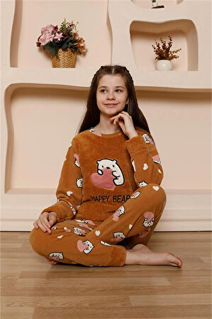 Moda Kız Çocuk Polar Sütlü Kahve Pijama Takımı