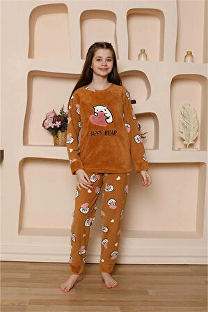 Moda Kız Çocuk Polar Sütlü Kahve Pijama Takımı