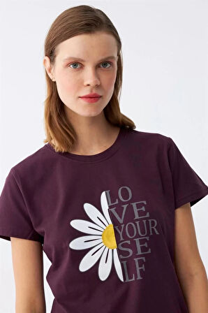 Moda Kadın Mürdüm Papatya Baskılı Kısa Kollu Penye Pijama Takımı