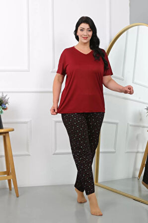 Moda Kadın Büyük Beden Kısa Kol Penye Pijama Takımı Bordo