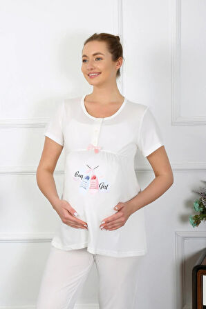 Moda Kadın Kısa Kol Hamile Lohusa Pijama Takımı Ekru