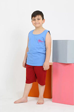 Moda Erkek Çocuk Sıfır Kol Şortlu Mavi Penye Pijama Takımı