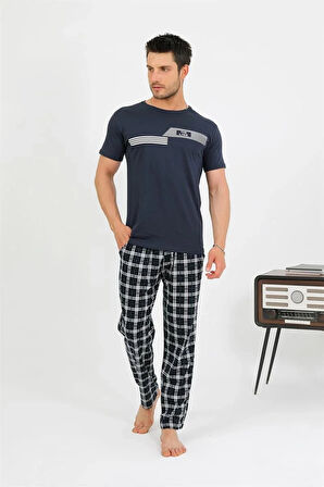 Moda Erkek Pamuk Kısa Kol Pijama Takım Lacivert