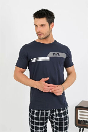 Moda Erkek Pamuk Kısa Kol Pijama Takım Lacivert