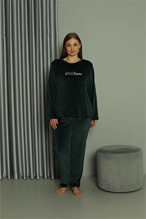 Moda Büyük Beden Kadın Kadife Yeşil Pijama Takım