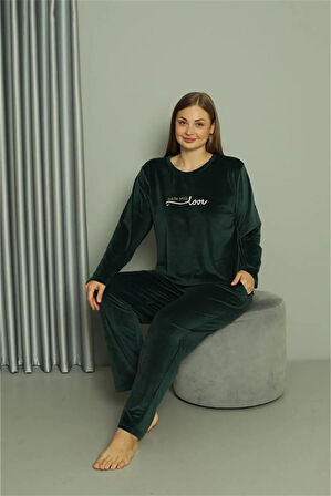 Moda Büyük Beden Kadın Kadife Yeşil Pijama Takım