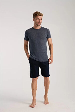 Moda Erkek Lacivert Sıfır Yaka Kısa Kol Şortlu Pijama Takımı