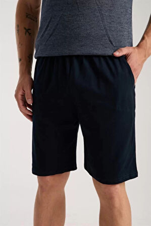 Moda Erkek Lacivert Sıfır Yaka Kısa Kol Şortlu Pijama Takımı