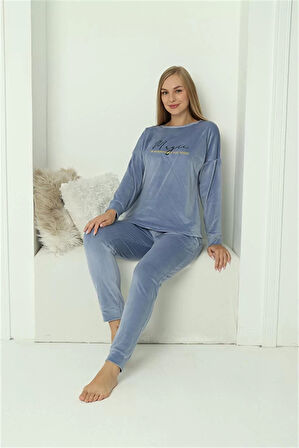 Moda Kadın Kadife Mavi Pijama Takım