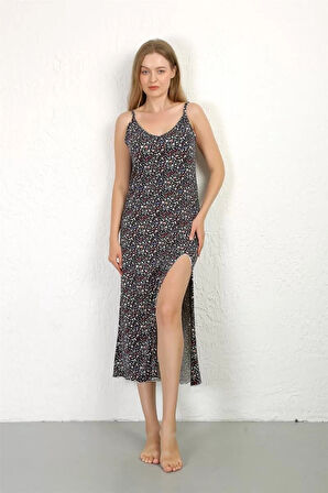 Moda İp Askılı Uzun Yırtmaçlı Penye Gecelik Lacivert