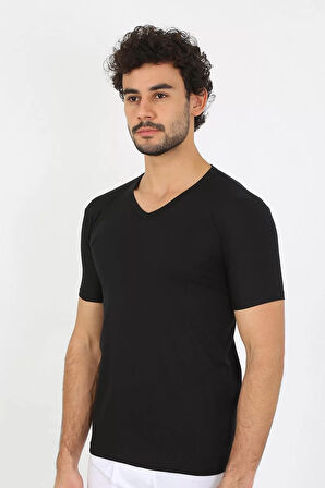 Moda Erkek Likralı V Yaka Siyah T-Shirt