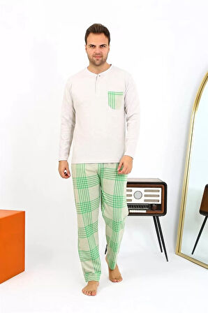 Moda Erkek Uzun Kol Penye Krem Pijama Takımı
