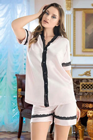 Moda Kadın Saten Önden Düğmeli Şortlu Pijama Takım Pudra