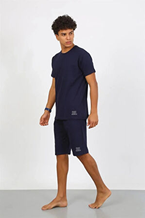 Moda Erkek Pamuk Lakost Alt Üst Kaprili Pijama Takım Lacivert