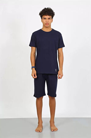 Moda Erkek Pamuk Lakost Alt Üst Kaprili Pijama Takım Lacivert