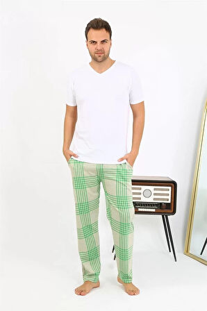 Moda Erkek Ekoseli Desen Penye Tek Alt Pijama Yeşil