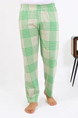 Moda Erkek Ekoseli Desen Penye Tek Alt Pijama Yeşil