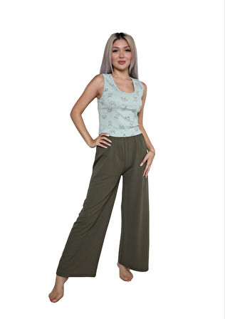 Moda Kadın Kalın Askılı Body Bol Paça Pantolon 2`li Takım Su Yeşili