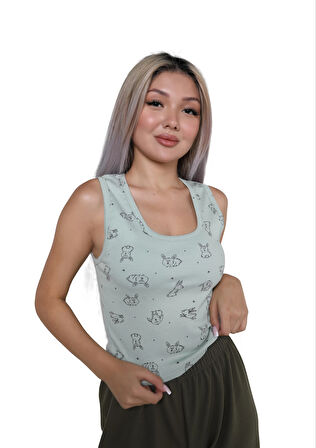 Moda Kadın Kalın Askılı Body Bol Paça Pantolon 2`li Takım Su Yeşili