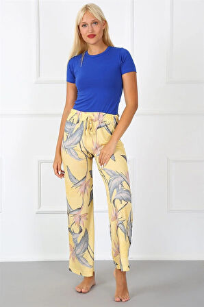 Moda Bayan Penye Bol Paça Pantolon Sarı