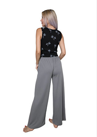 Moda Kadın Kalın Askılı Body Bol Paça Pantolon 2`li Takım Siyah