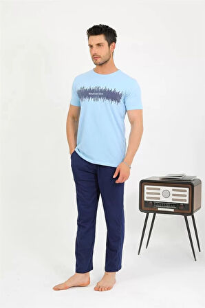 Moda Erkek Pamuk Kısa Kol Pijama Takım Mavi