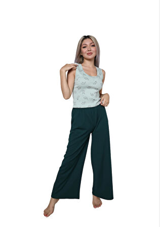 Moda Kadın Kalın Askılı Body Bol Paça Pantolon 2`li Takım Su Yeşili