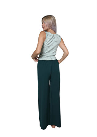 Moda Kadın Kalın Askılı Body Bol Paça Pantolon 2`li Takım Su Yeşili