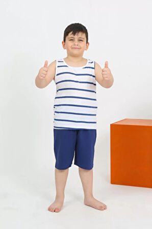 Moda Erkek Çocuk Sıfır Kol Şortlu Beyaz Penye Pijama Takımı