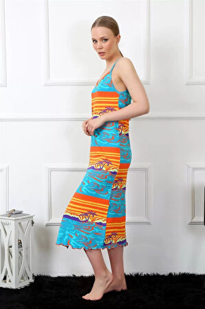 Moda Kadın İp Askılı Uzun Gecelik Mavi