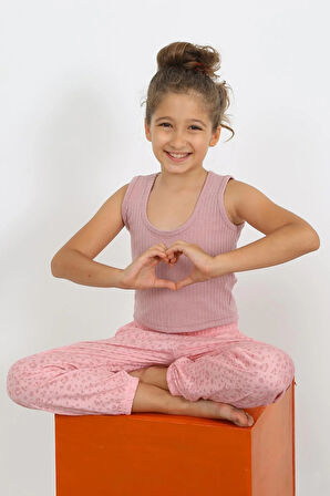 Moda Kız Çocuk Sıfır Kol Gül Kurusu Penye Pijama Takım