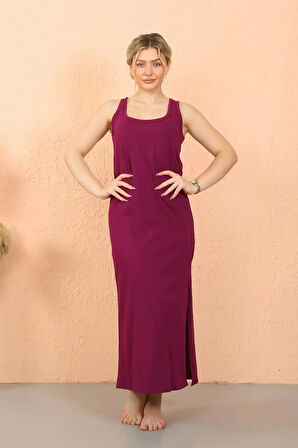 Moda Kadın Kalın Askılı Yırtmaçlı Uzun Mor Gecelik