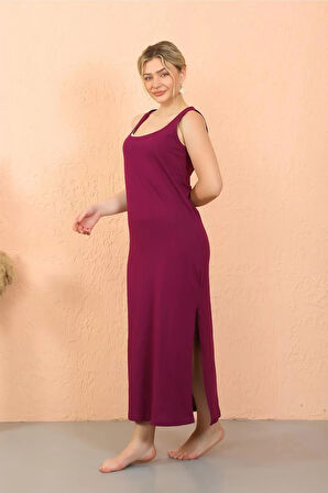 Moda Kadın Kalın Askılı Yırtmaçlı Uzun Mor Gecelik