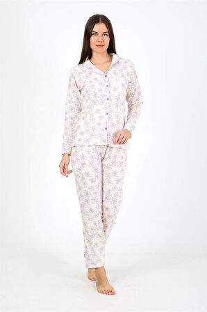 Moda Kadın Penye Uzun Kol Pijama Takım Ekru