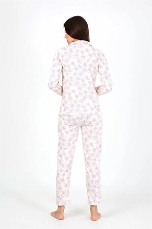 Moda Kadın Penye Uzun Kol Pijama Takım Ekru
