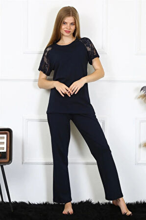 Moda Kadın Kolu Dantelli Penye Pijama Takım Lacivert