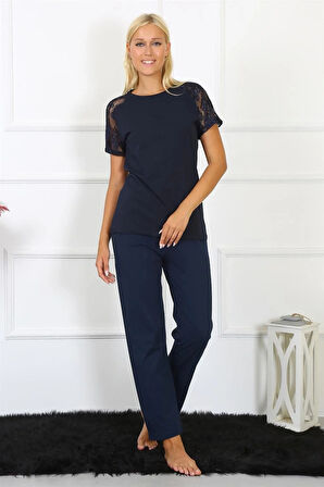 Moda Kadın Kolu Dantelli Penye Pijama Takım Lacivert