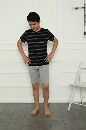 Moda Erkek Çocuk Penye Şortlu Pijama Takım Siyah