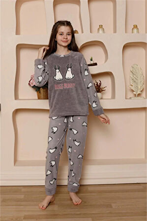 Moda Kız Çocuk WelSoft Polar Gri Pijama Takımı