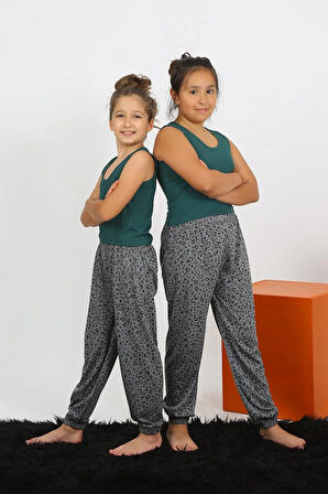 Moda Kız Çocuk Sıfır Kol Zümrüt Yeşili Penye Pijama Takım