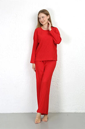 Moda Kadın Bürümcük Kumaş Pijama Takım Kırmızı