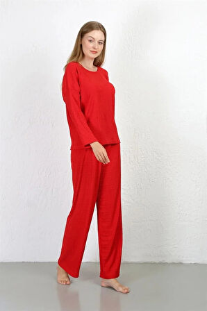 Moda Kadın Bürümcük Kumaş Pijama Takım Kırmızı