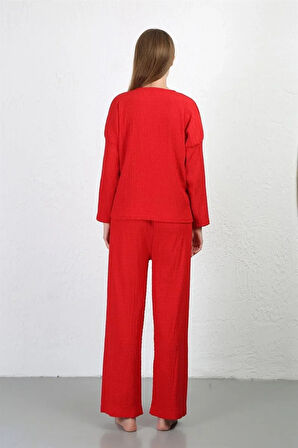 Moda Kadın Bürümcük Kumaş Pijama Takım Kırmızı