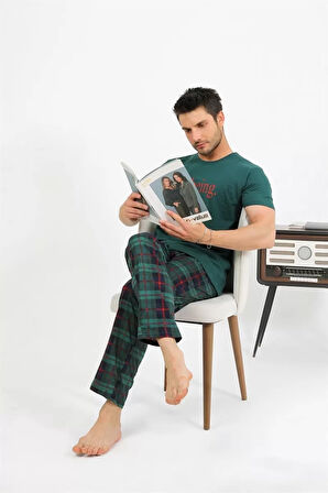 Moda Erkek Pamuk Kısa Kol Pijama Takım Zümrüt