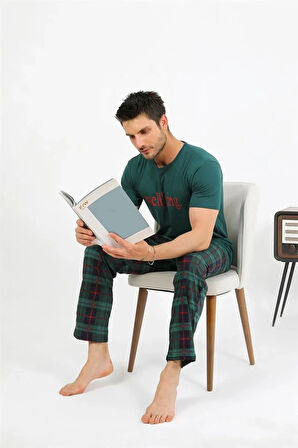 Moda Erkek Pamuk Kısa Kol Pijama Takım Zümrüt