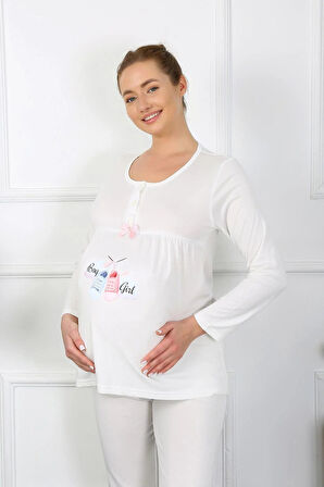 Moda Kadın Uzun Kol Hamile Lohusa Pijama Takımı Ekru