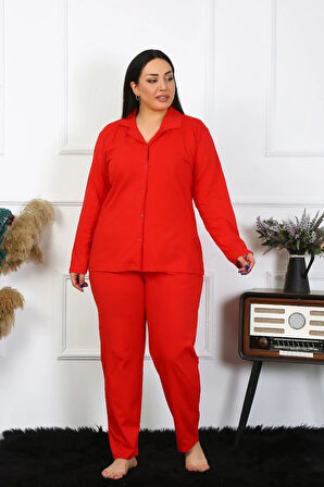 Moda Kadın Büyük Beden Pamuklu Cepli Düğmeli Kırmızı Pijama Takım